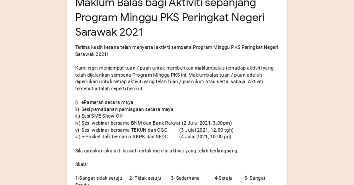 Maklum Balas bagi Aktiviti sepanjang Program Minggu PKS Peringkat Negeri Sarawak 2021